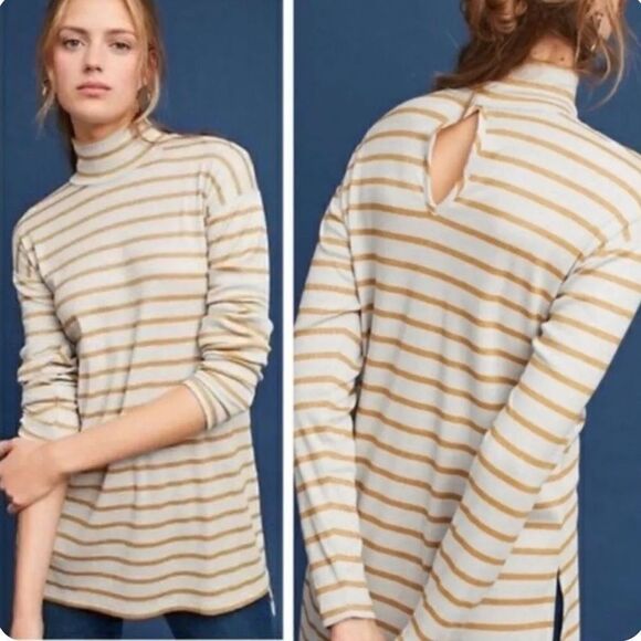 Anthropologie Vanessa Virginia Shining Turtleneck Tunic Gold Metallic Striped S - Picture 1 of 11